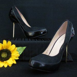 Shoedazzle Gwendolyn Shoes Black Patent Gold Platform Stiletto Pumps Size 8.5